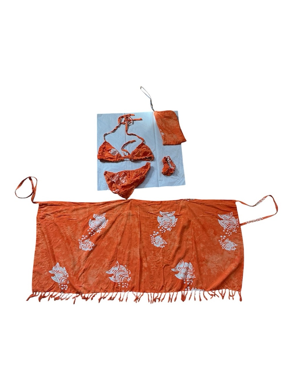 Vtg 90s 5 pc Batik Fish Bikini Swim Set orange w/Sarong hair tie carry bag rayon